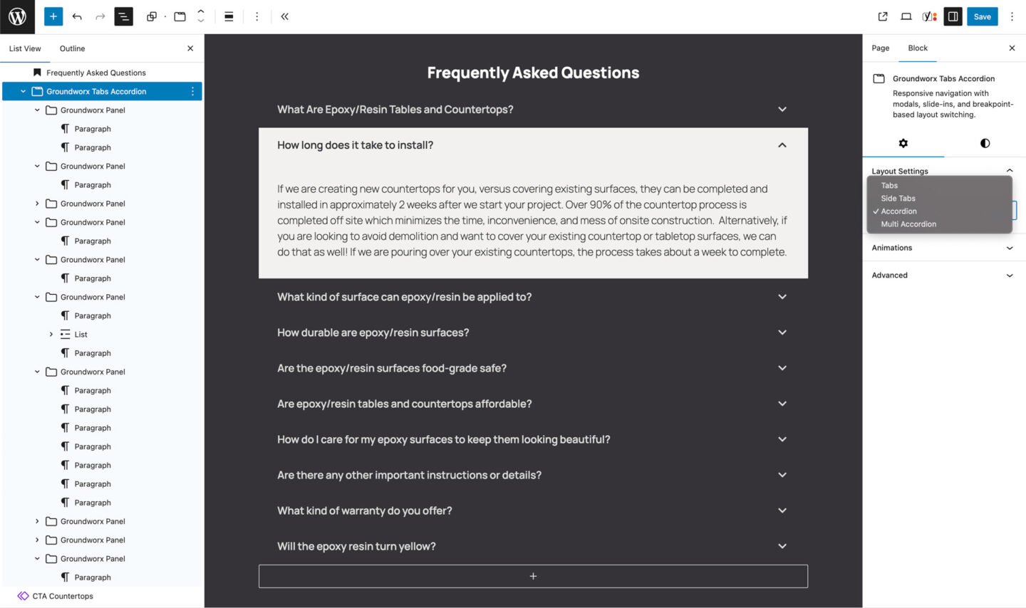 Custom tabs and accordion Gutenberg block